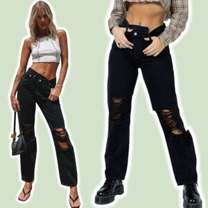 Princess Polly Holly Asymmetric Ripped Leg Jeans Black Sz 8